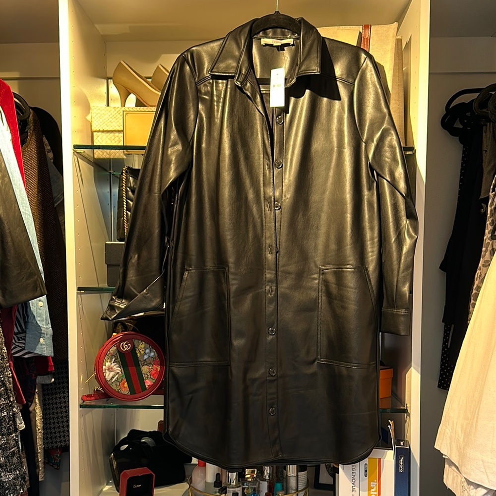 Black Leather (faux) Button-Up Coat Dress!